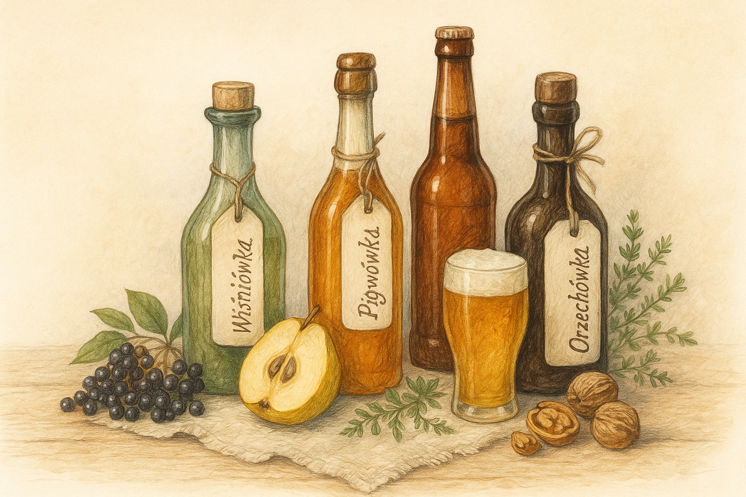 Ręcznie rysowana ilustracja akwarelą i kredkami przedstawiająca cztery regionalne alkohole: butelkę wiśniówki z czarnym bzem, pigwówkę z przekrojoną pigwą, butelkę piwa z pełnym kuflem oraz orzechówkę z orzechami włoskimi i ziołami, ustawione na lnianej serwetce na drewnianym stole.